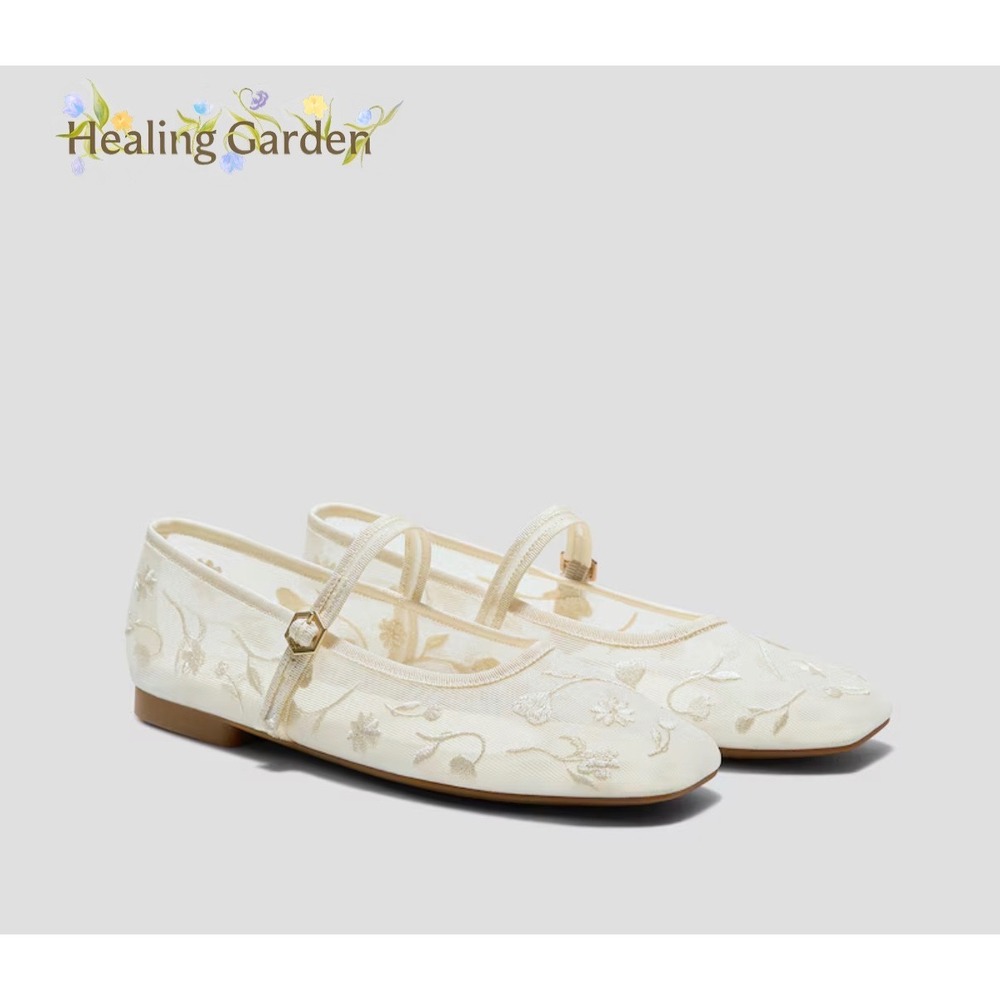 VIVAIA Margot Square-Toe Floral Mesh Mary Jane Flats Cream White 40.5 US 9-9.5